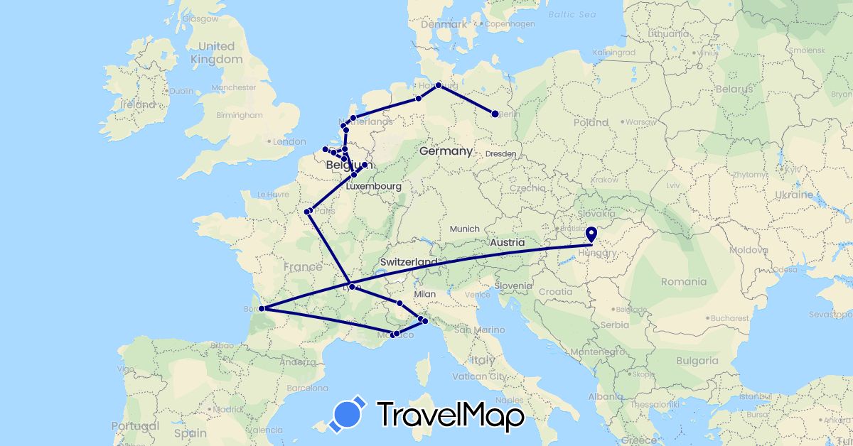 TravelMap itinerary: driving in Belgium, Germany, France, Hungary, Italy, Netherlands (Europe)